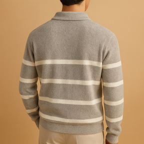 Men’s striped zip sweater in grey with half-zip closure, soft lightweight fabric, and modern sporty design. Perfect for autumn and winter casual wear.