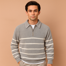 Men’s striped zip sweater in grey with half-zip closure, soft lightweight fabric, and modern sporty design. Perfect for autumn and winter casual wear.