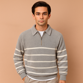 Men’s striped zip sweater in grey with half-zip closure, soft lightweight fabric, and modern sporty design. Perfect for autumn and winter casual wear.