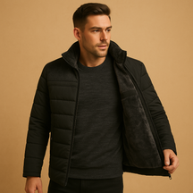 Men’s stylish fleece jacket with soft inner lining, stand-up collar, sturdy zipper, and zip pockets, available in black and blue for versatile wear.