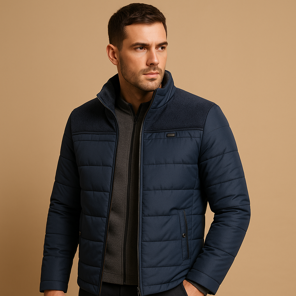 Men’s stylish fleece jacket with soft inner lining, stand-up collar, sturdy zipper, and zip pockets, available in black and blue for versatile wear.