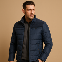Men’s stylish fleece jacket with soft inner lining, stand-up collar, sturdy zipper, and zip pockets, available in black and blue for versatile wear.