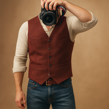 Elegant men’s waistcoat with button closure and pockets, versatile for formal events, casual wear, and layered autumn or winter outfits.