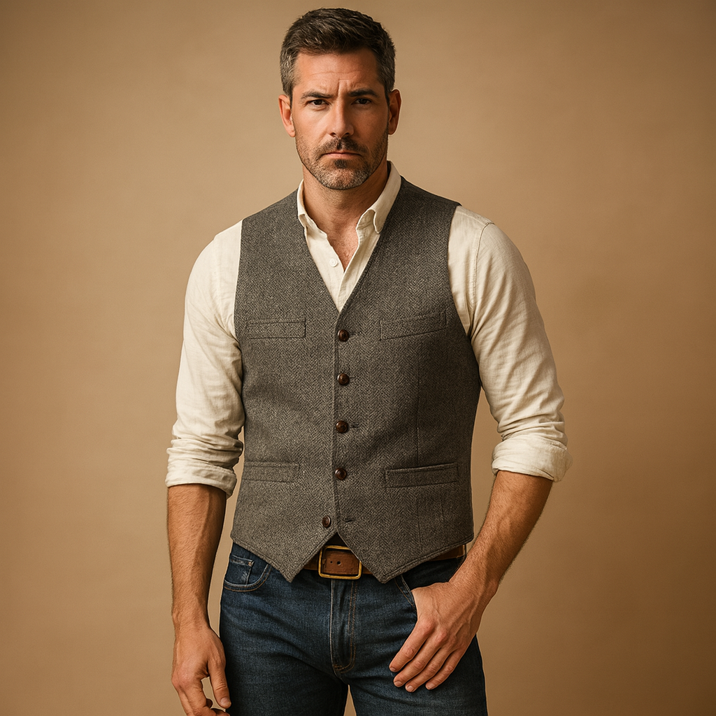 Elegant men’s waistcoat with button closure and pockets, versatile for formal events, casual wear, and layered autumn or winter outfits.