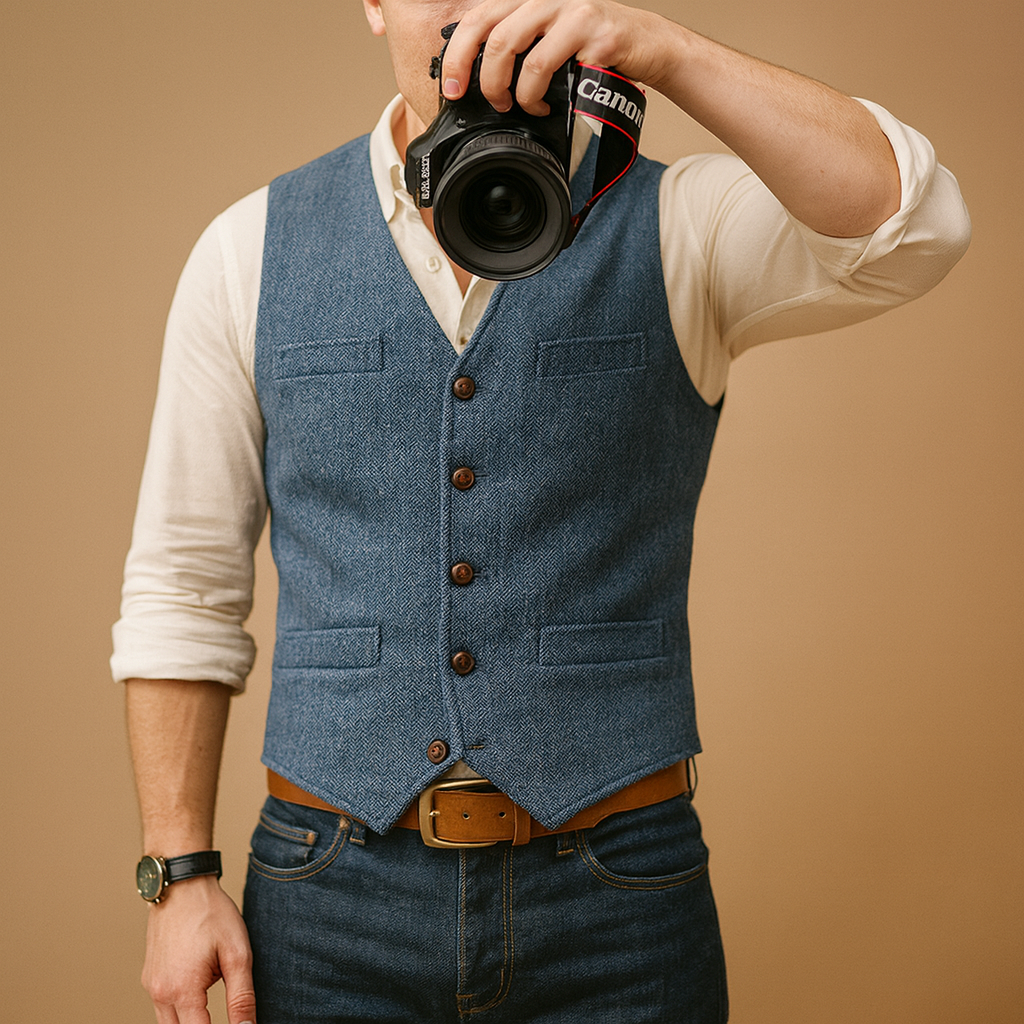 Elegant men’s waistcoat with button closure and pockets, versatile for formal events, casual wear, and layered autumn or winter outfits.
