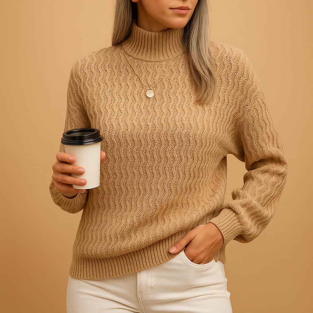 Turtleneck knit sweater for women in elegant apricot and coffee shades, perfect for workwear or casual outfits in cooler seasons.
