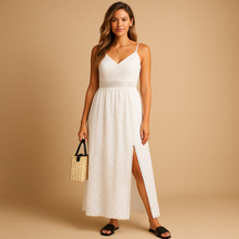 Breathable summer cotton midi dress for women with waist-accentuating fit in solid color – perfect for beach days, city strolls, and casual summer moments.