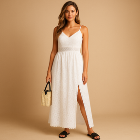 Breathable summer cotton midi dress for women with waist-accentuating fit in solid color – perfect for beach days, city strolls, and casual summer moments.