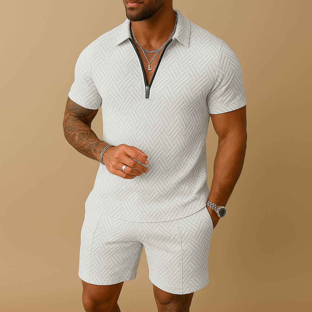 Men’s summer set with matching polo and shorts in breathable fabric, ideal for beach, holidays, and casual summer outings