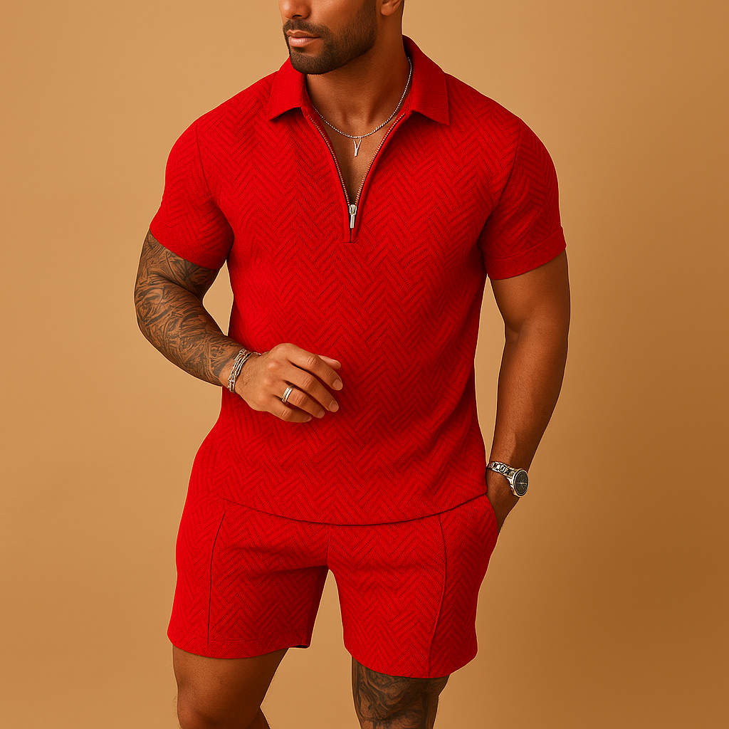 Men’s summer set with matching polo and shorts in breathable fabric, ideal for beach, holidays, and casual summer outings