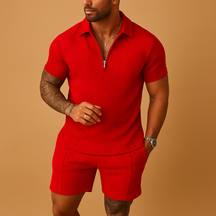 Men’s summer set with matching polo and shorts in breathable fabric, ideal for beach, holidays, and casual summer outings