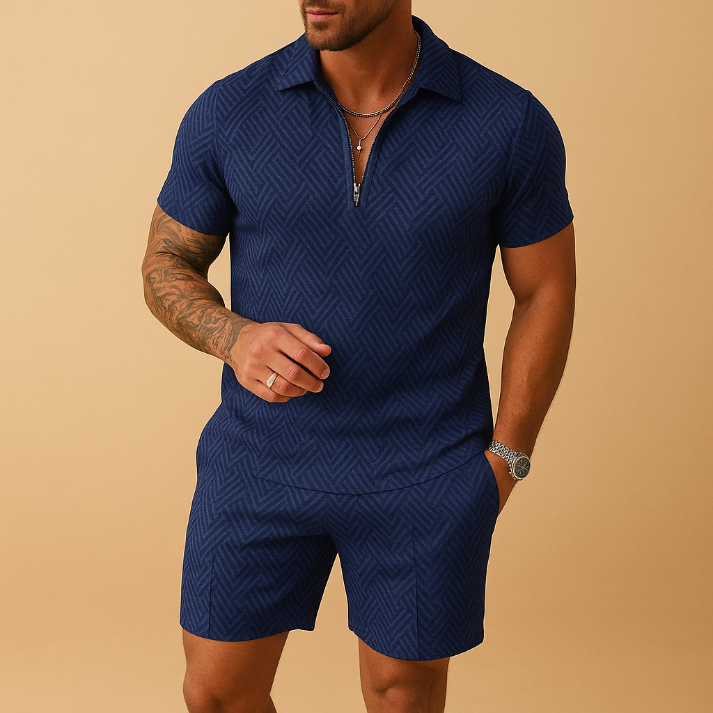 Men’s summer set with matching polo and shorts in breathable fabric, ideal for beach, holidays, and casual summer outings