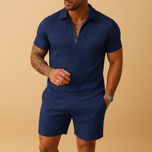 Men’s summer set with matching polo and shorts in breathable fabric, ideal for beach, holidays, and casual summer outings