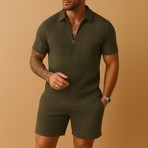 Men’s summer set with matching polo and shorts in breathable fabric, ideal for beach, holidays, and casual summer outings