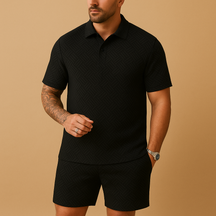 Men’s summer set with matching polo and shorts in breathable fabric, ideal for beach, holidays, and casual summer outings