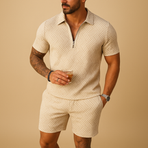 Men’s summer set with matching polo and shorts in breathable fabric, ideal for beach, holidays, and casual summer outings