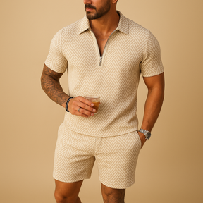 Men’s summer set with matching polo and shorts in breathable fabric, ideal for beach, holidays, and casual summer outings