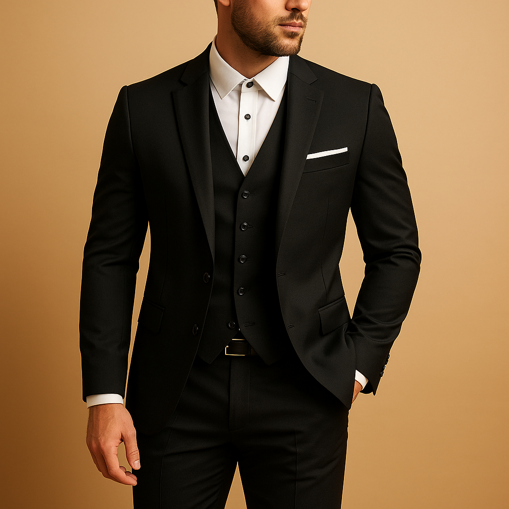 Men’s three-piece slim fit suit with blazer, vest, and trousers, ideal for weddings, business occasions, and formal events