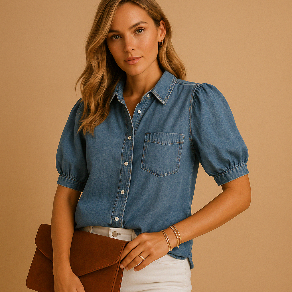 Timeless denim blouse for women in classic blue, with long sleeves and button closure, ideal for autumn and layered outfits.