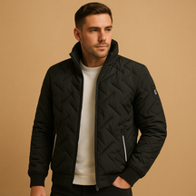 Men’s timeless puffer jacket with quilted design, padded warmth, comfortable fit, and practical pockets, available in black, gray, and dark blue.