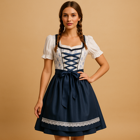 Traditional dirndl dress for women with lace apron, perfect for Oktoberfest, cultural events, and festive celebrations.