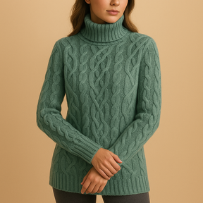 Turtleneck knitted sweater for women in beige and grey tones, designed for a flattering fit and elegant winter look.