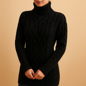 Turtleneck knitted sweater for women in beige and grey tones, designed for a flattering fit and elegant winter look.