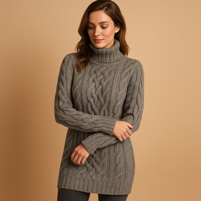 Turtleneck knitted sweater for women in beige and grey tones, designed for a flattering fit and elegant winter look.