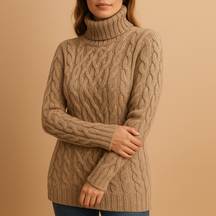 Turtleneck knitted sweater for women in beige and grey tones, designed for a flattering fit and elegant winter look.