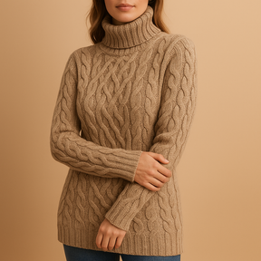 Turtleneck knitted sweater for women in beige and grey tones, designed for a flattering fit and elegant winter look.