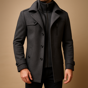 Men’s slim-fit tweed-style winter coat with sleek closure and practical pockets, ideal for formal and casual occasions