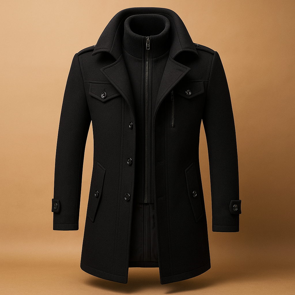 Men’s slim-fit tweed-style winter coat with sleek closure and practical pockets, ideal for formal and casual occasions
