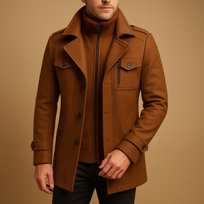 Men’s slim-fit tweed-style winter coat with sleek closure and practical pockets, ideal for formal and casual occasions