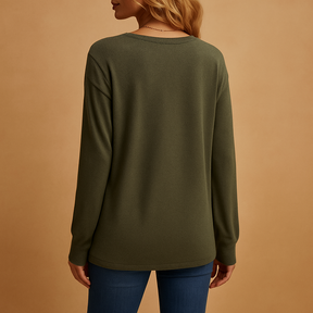 V-neck button blouse for women in black, white, red, green, or navy blue, with relaxed fit and elegant everyday style.