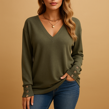 V-neck button blouse for women in black, white, red, green, or navy blue, with relaxed fit and elegant everyday style.