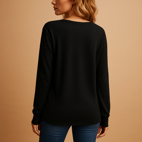 V-neck button blouse for women in black, white, red, green, or navy blue, with relaxed fit and elegant everyday style.