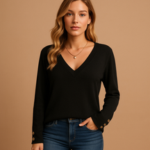V-neck button blouse for women in black, white, red, green, or navy blue, with relaxed fit and elegant everyday style.