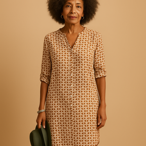 V-neck casual dress for women in soft fabric with half sleeves and relaxed fit, ideal for everyday wear, brunch, or spring outings.