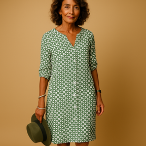 V-neck casual dress for women in soft fabric with half sleeves and relaxed fit, ideal for everyday wear, brunch, or spring outings.