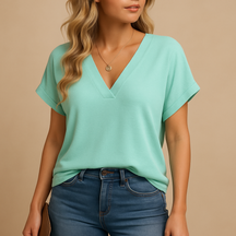 V-neck puff sleeve blouse for women in breathable fabric, available in six colors and perfect for work or casual occasions.