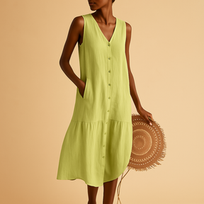 V-neck summer dress for women with a timeless silhouette and breezy fit, perfect for the beach, vacation, or warm evening outings.