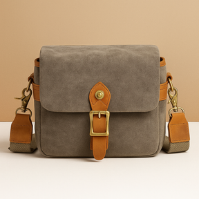 Men’s vintage DSLR camera bag made of water-resistant batik canvas with padded interior and versatile strap options for travel or studio use