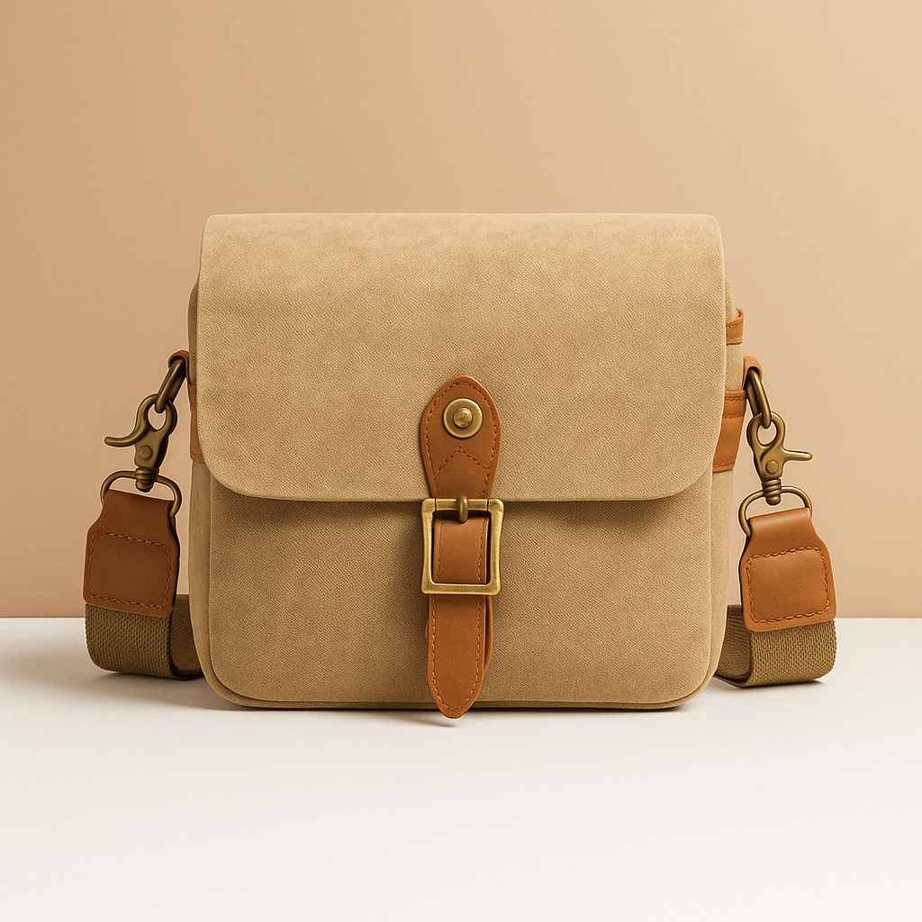 Men’s vintage DSLR camera bag made of water-resistant batik canvas with padded interior and versatile strap options for travel or studio use