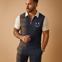 Men’s vintage-inspired summer set with printed polo and matching shorts, perfect for casual wear, vacations, and warm-weather comfort