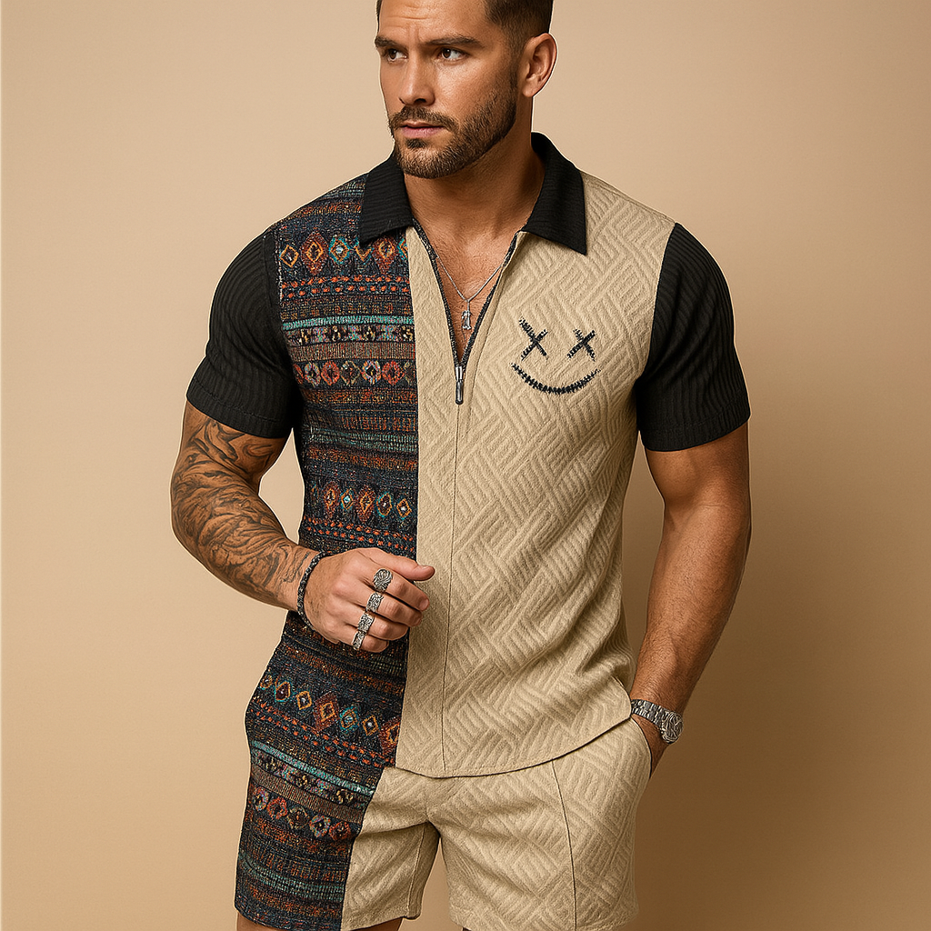 Men’s vintage-inspired summer set with printed polo and matching shorts, perfect for casual wear, vacations, and warm-weather comfort