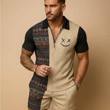 Men’s vintage-inspired summer set with printed polo and matching shorts, perfect for casual wear, vacations, and warm-weather comfort