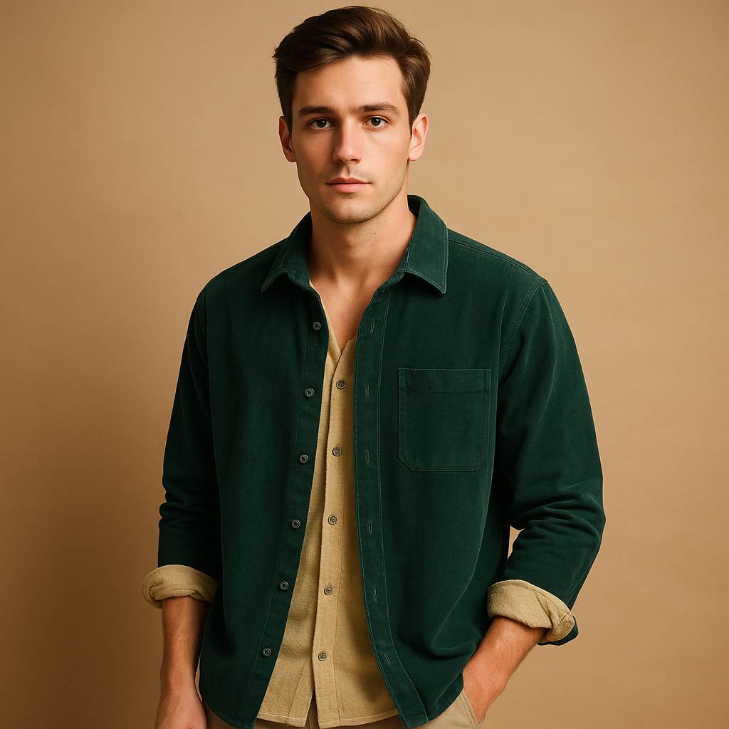 Men’s corduroy long sleeve shirt with vintage style and soft ribbed fabric, available in green, grey, light blue, and dark blue.