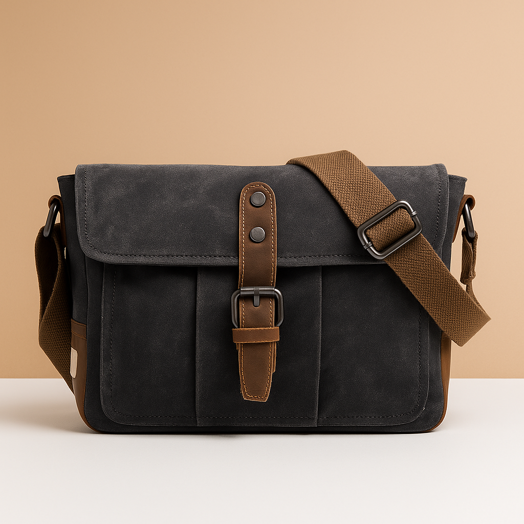 Men’s vintage messenger bag made from waterproof canvas with leather accents and adjustable strap, ideal for work, travel, or outdoor use