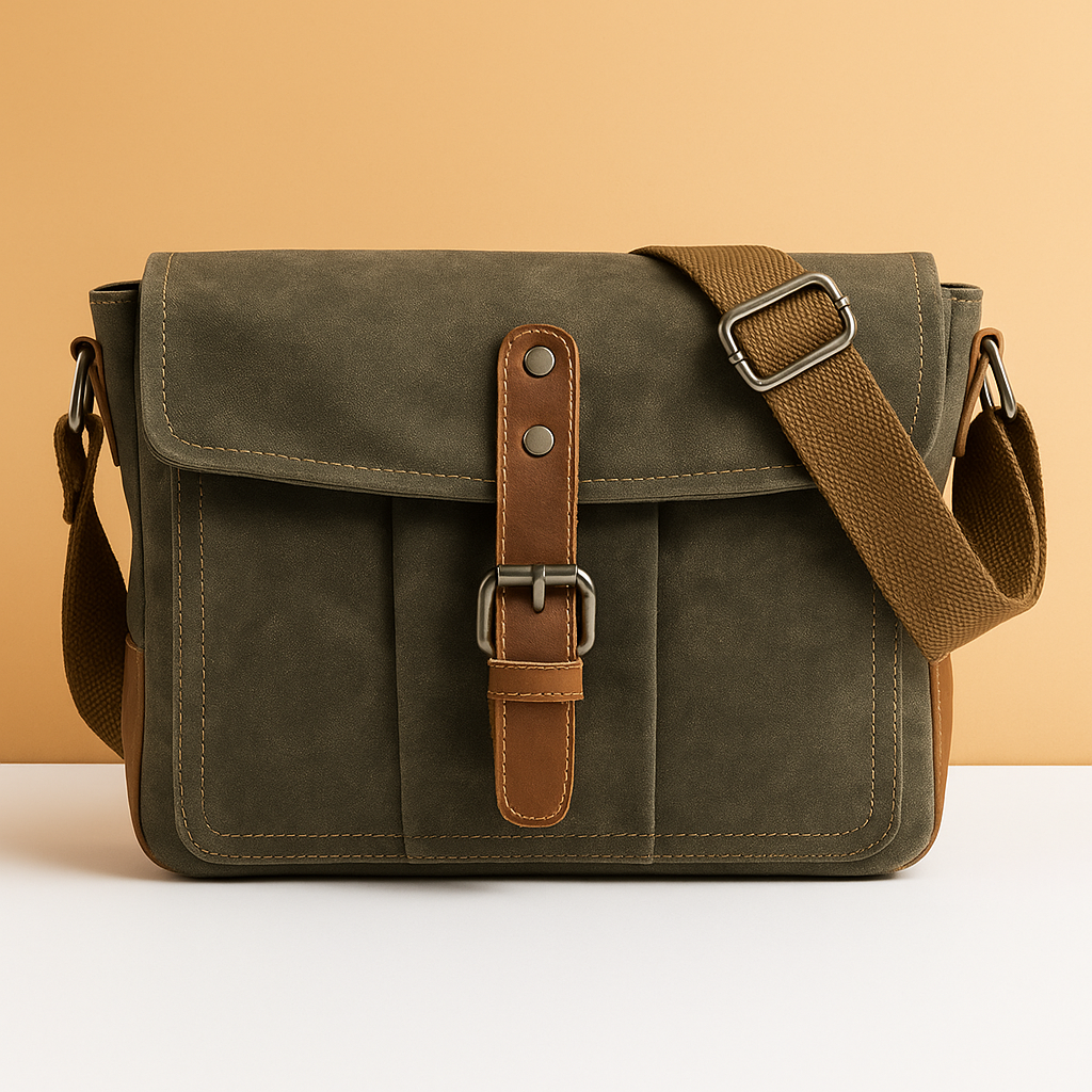 Men’s vintage messenger bag made from waterproof canvas with leather accents and adjustable strap, ideal for work, travel, or outdoor use