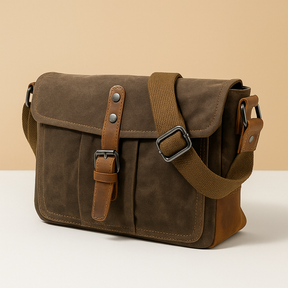 Men’s vintage messenger bag made from waterproof canvas with leather accents and adjustable strap, ideal for work, travel, or outdoor use